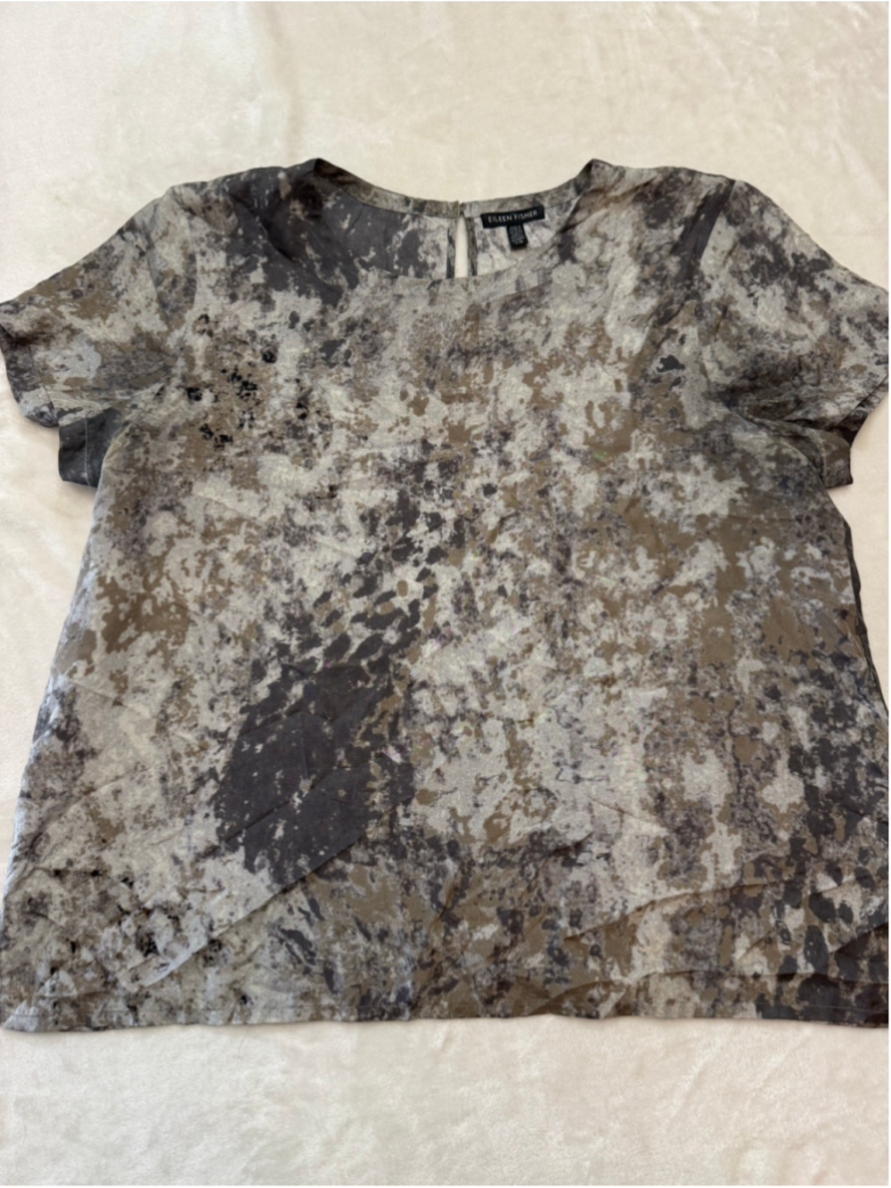 Women's Eileen Fisher Silk Blouse Size L Grey Brown Abstract Print